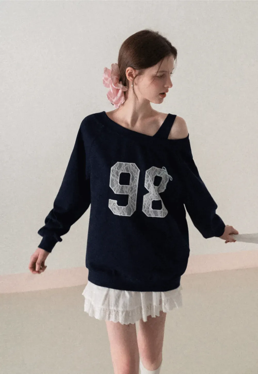 Off Shoulder Sweatshirt with Lace Number Print