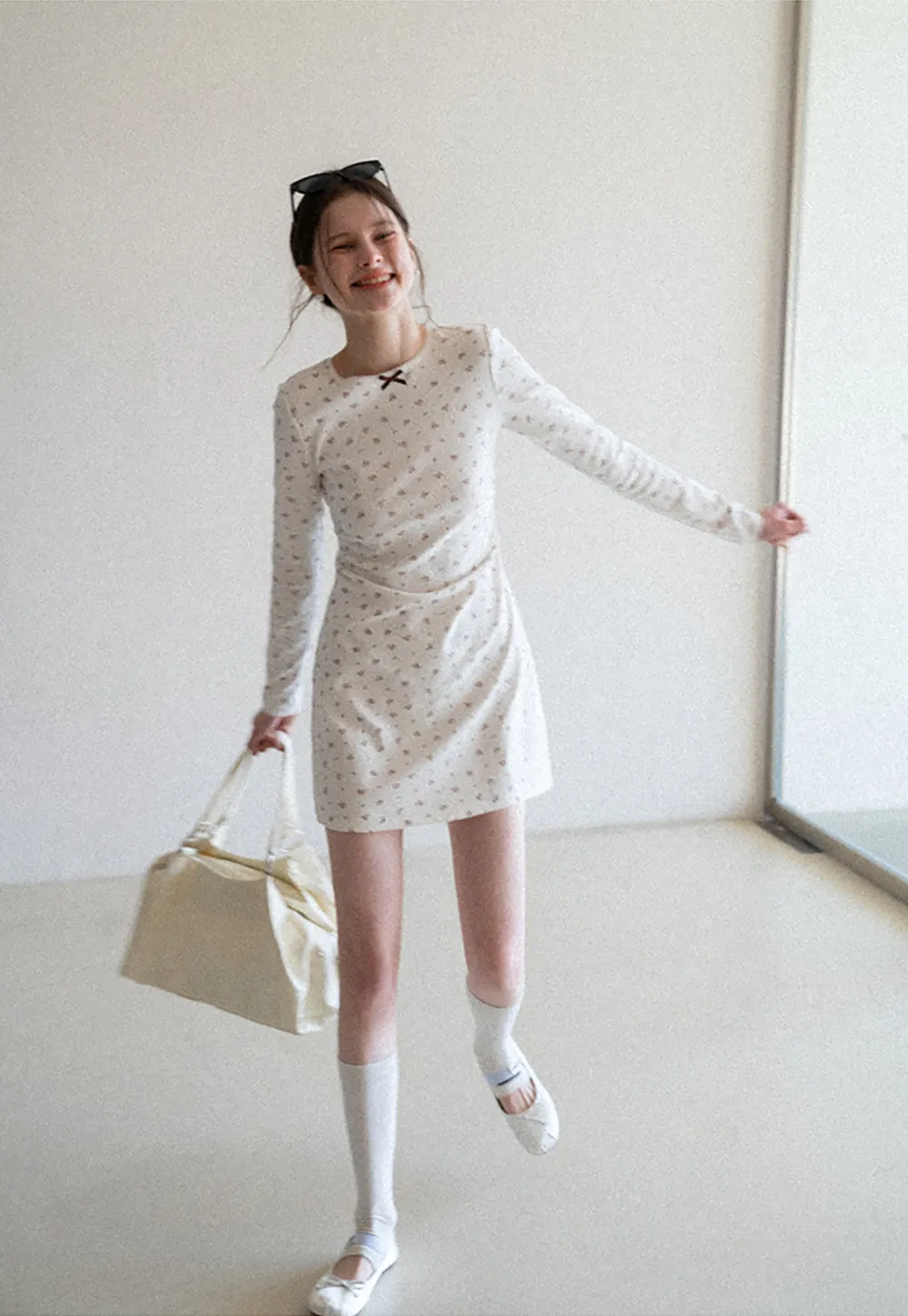 Long Sleeve Floral Print Dress with Cross Neck Detail