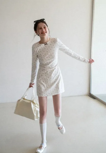 Long Sleeve Floral Print Dress with Cross Neck Detail