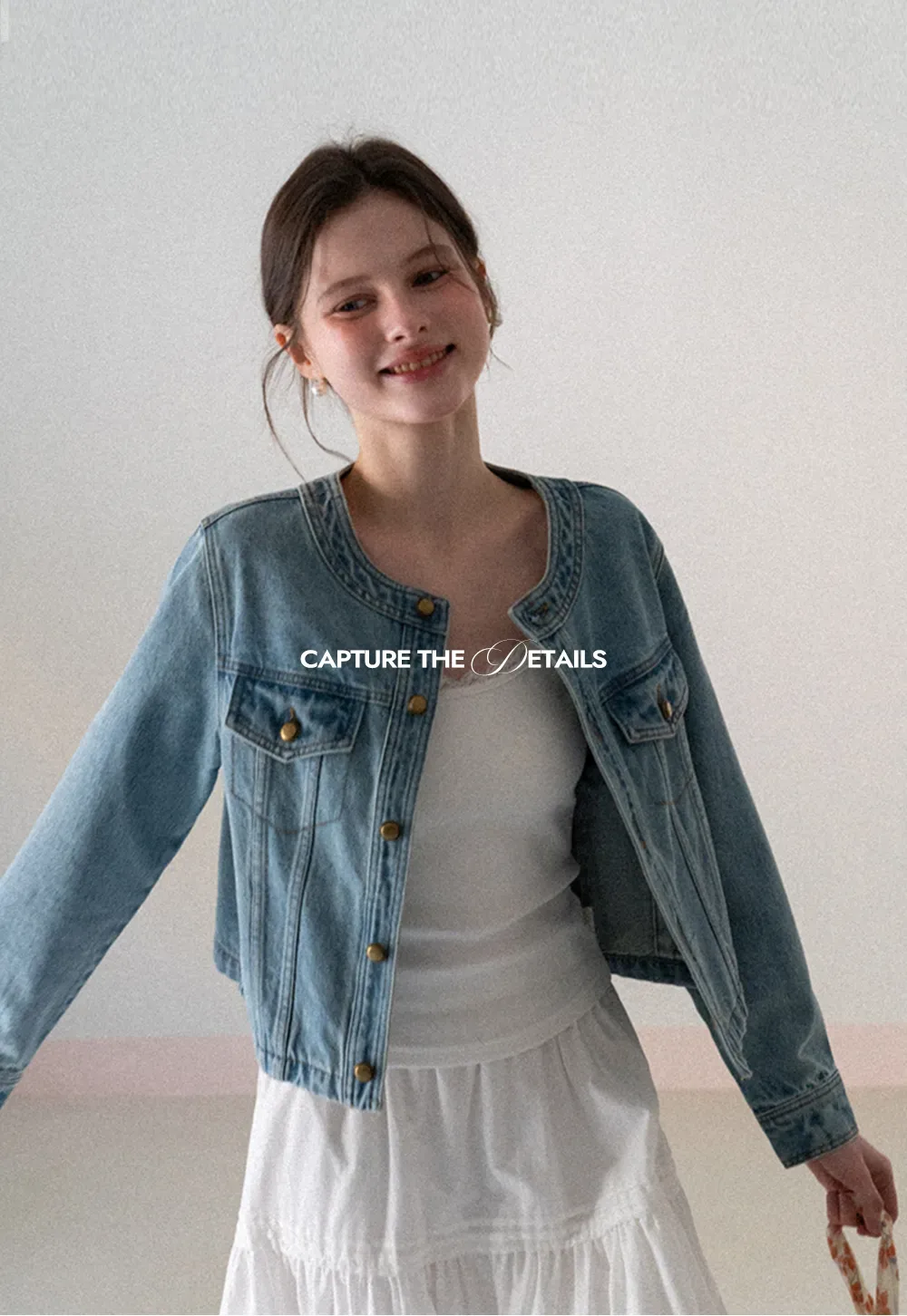 Denim short jacket with button front and chest pockets