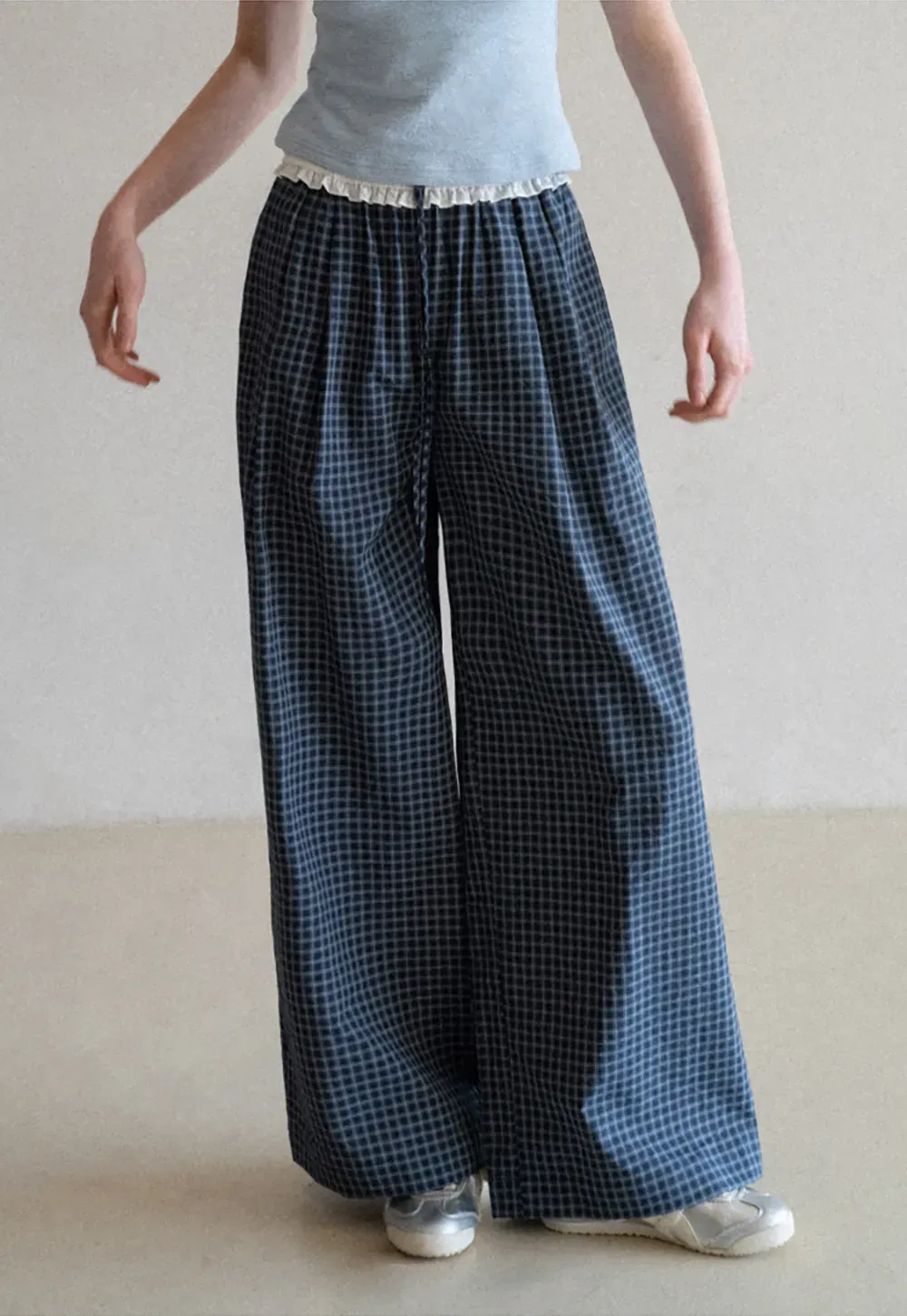 Wide Leg Plaid Casual Pants with Ruffled Waistband