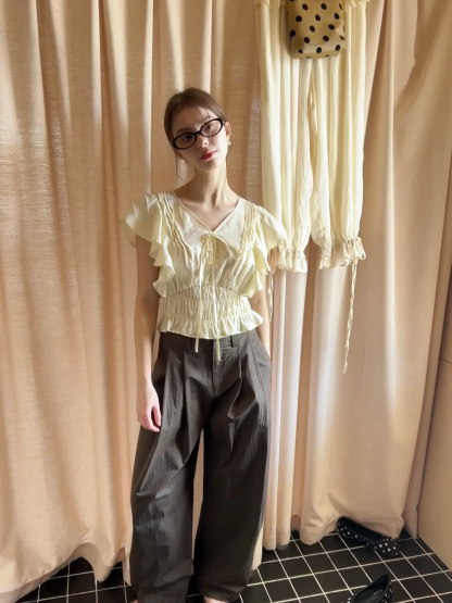 Ruffled Short Sleeve Top with Drawstring Waist