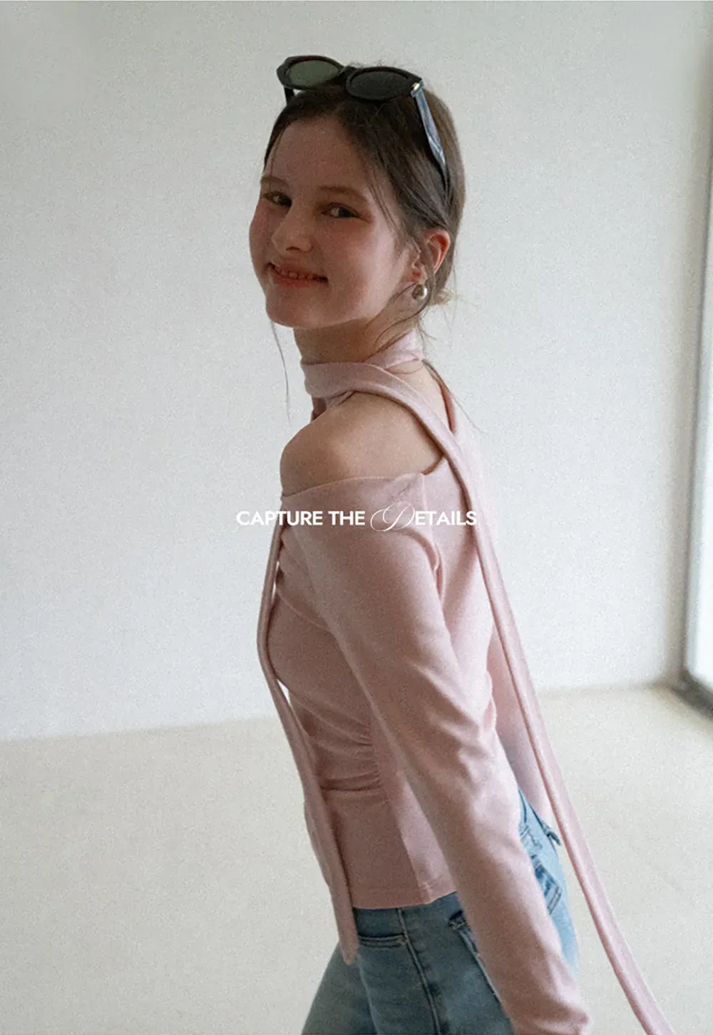 Long sleeve off shoulder top with neck tie detail