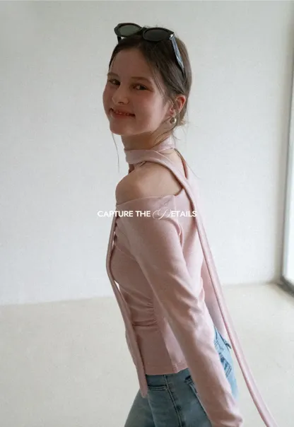 Long sleeve off shoulder top with neck tie detail