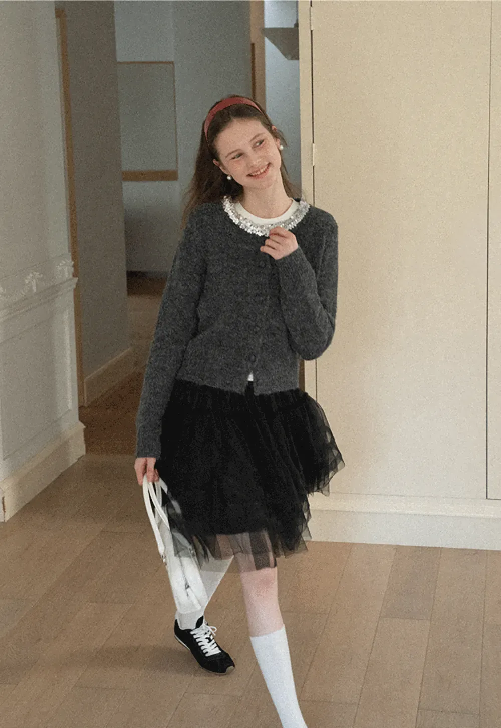 Elegant Woolen Knit Sweater with Embellished Neckline and Long Sleeves