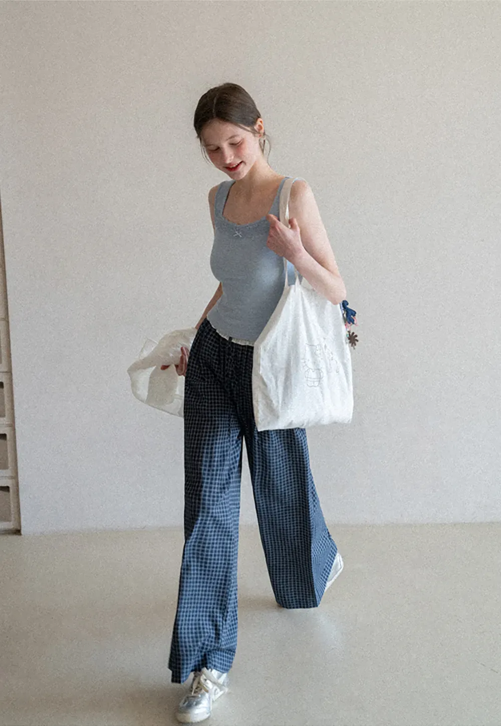 Wide Leg Plaid Casual Pants with Ruffled Waistband