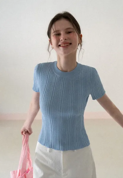 Ribbed Knit Short Sleeve Crew Neck Sweater