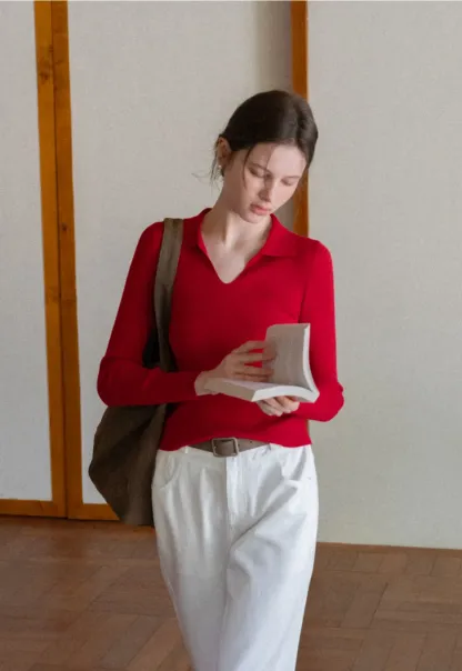 Ribbed Knit Long Sleeve Polo Neck Sweater