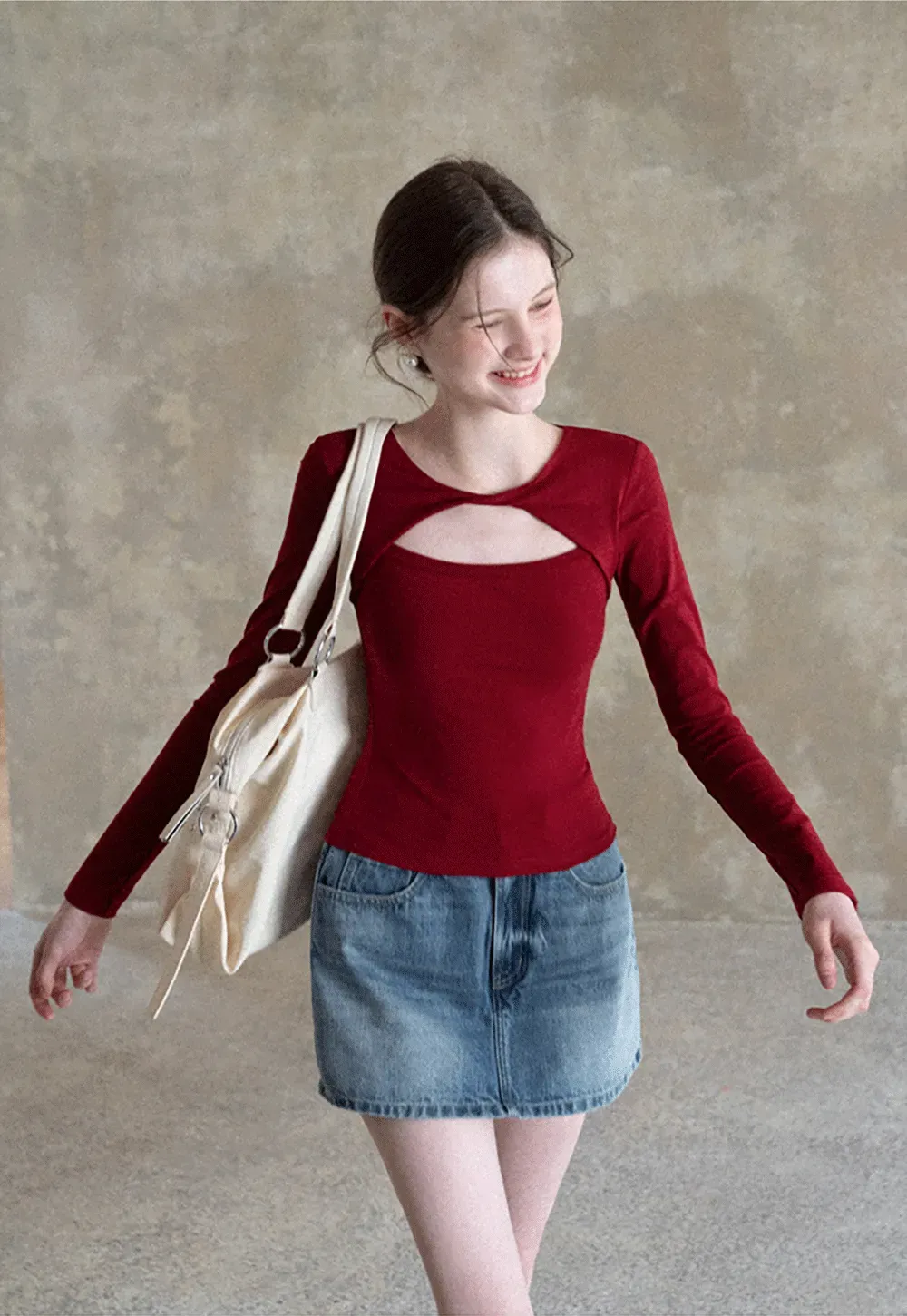 Denim Mini Skirt with Front Pocket and Frayed Hem