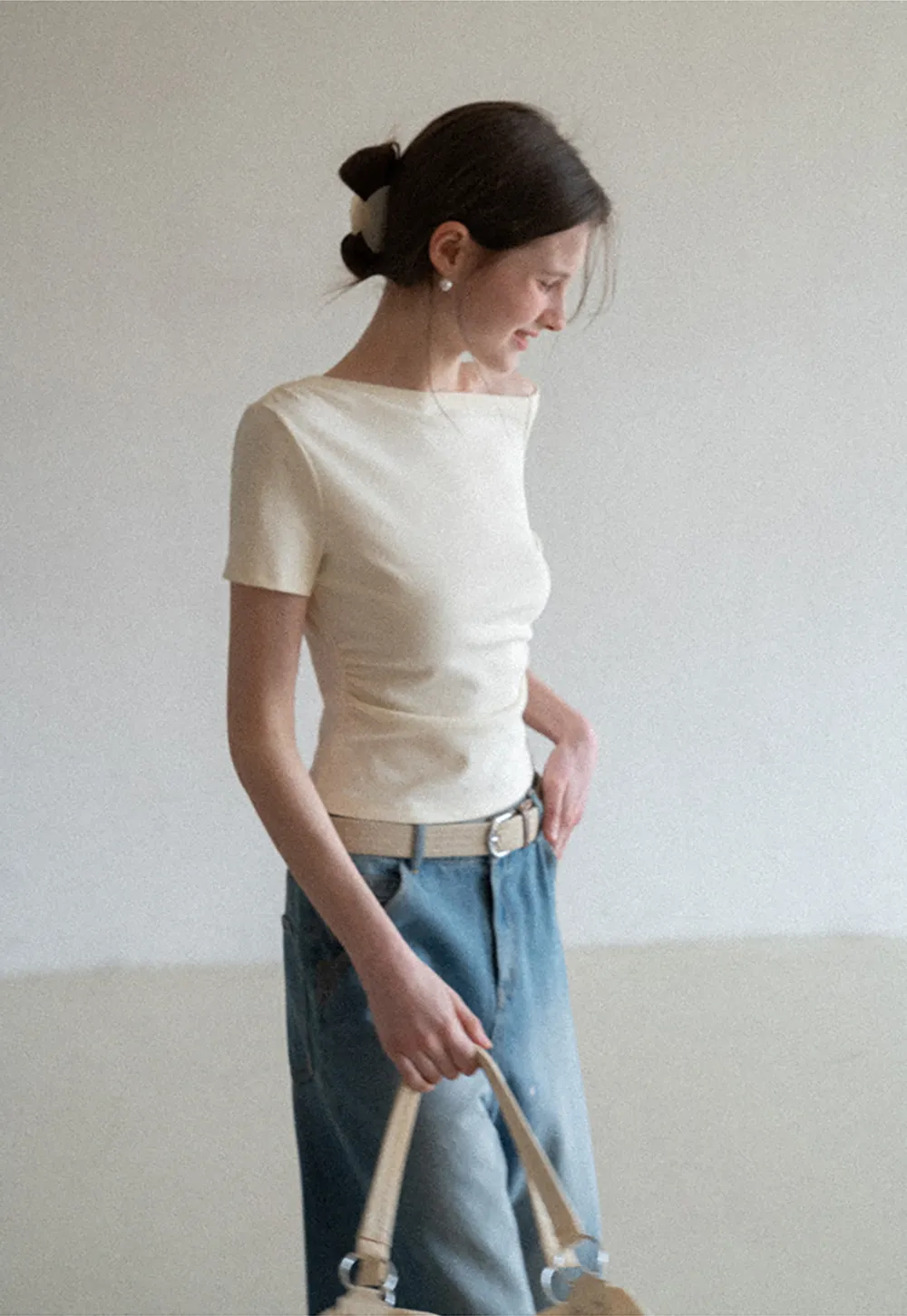 Off shoulder short sleeve fitted t shirt