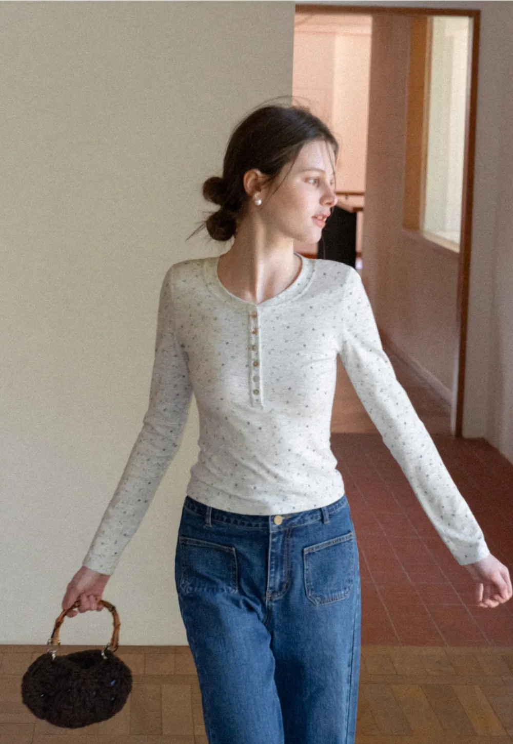 Long sleeve button front top with floral print