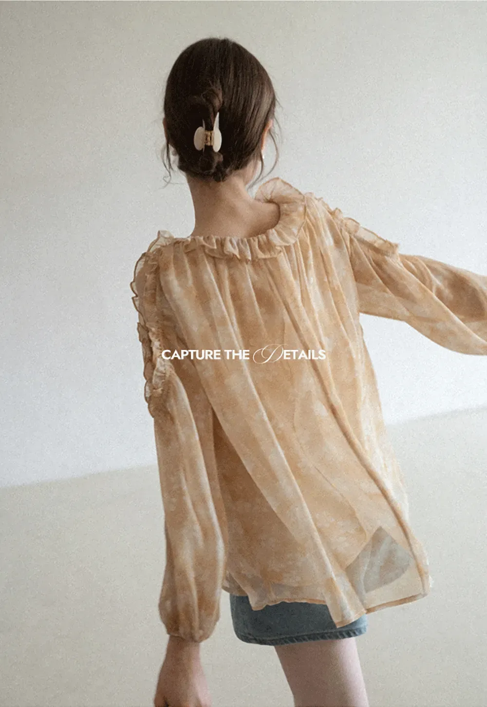 Lace Chiffon Blouse with Ruffled Neck and Sleeves