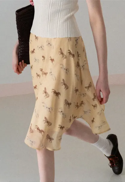 Horse Print Flared Midi Skirt