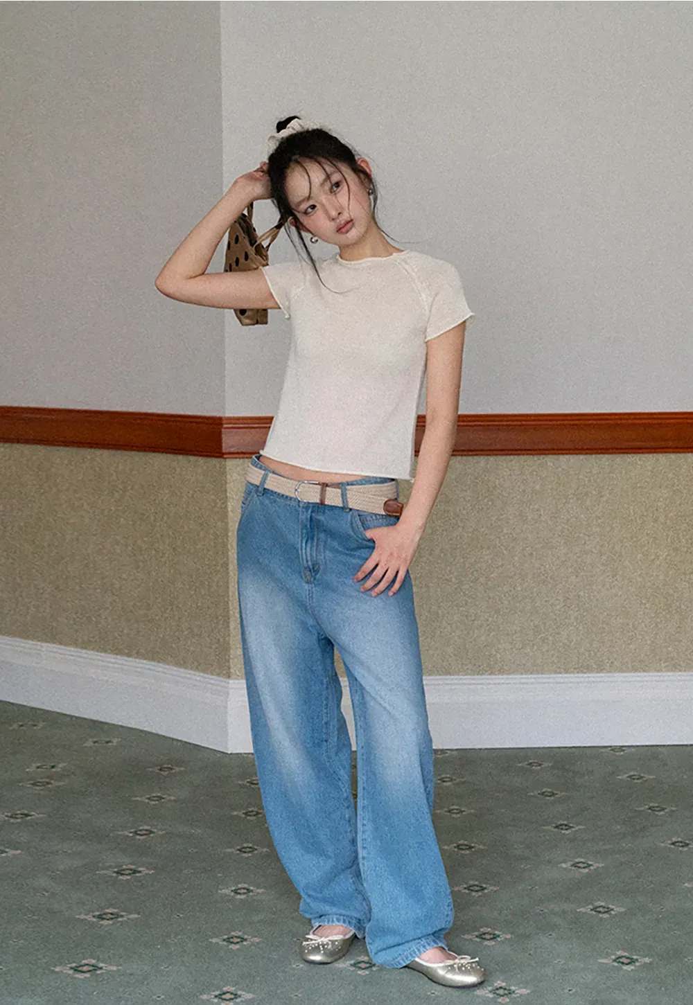 Short Sleeve Ribbed Knit Top with Raglan Sleeves