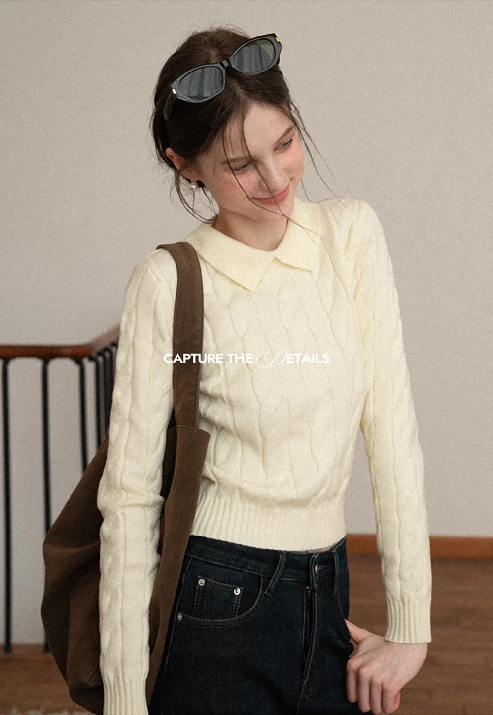 Cable Knit Crop Sweater with Collar