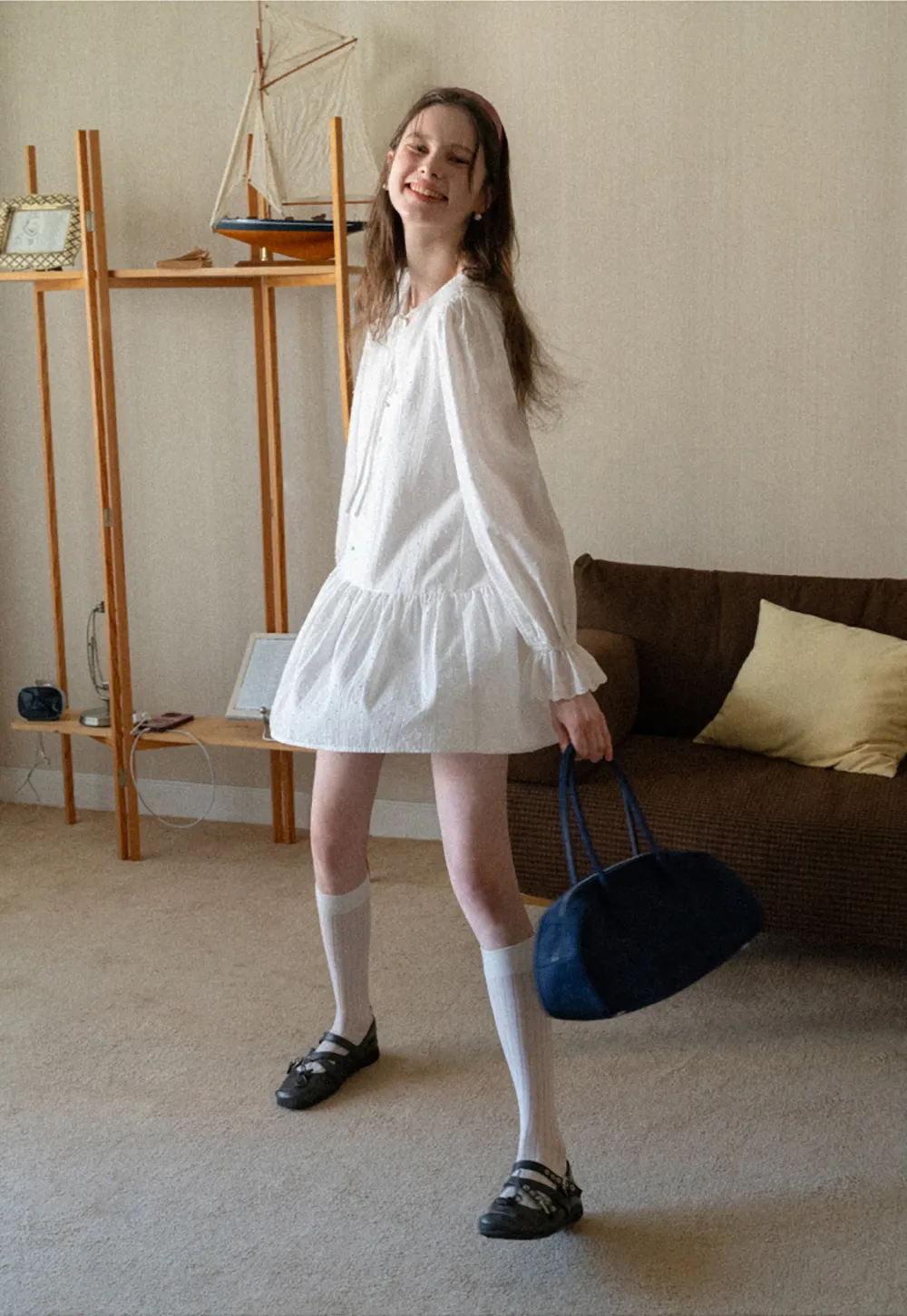 Elegant Long Sleeve Mini Dress with Flared Hem and Neck Tie