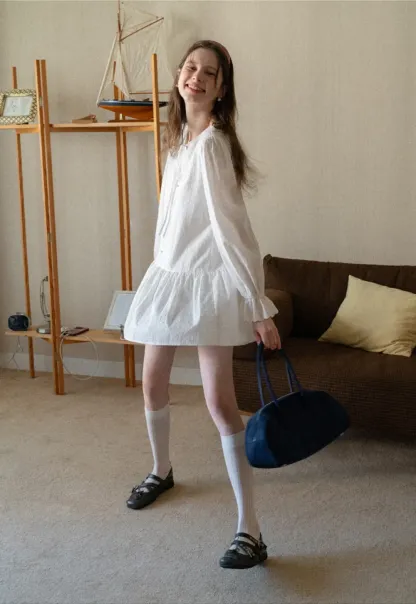 Elegant Long Sleeve Mini Dress with Flared Hem and Neck Tie