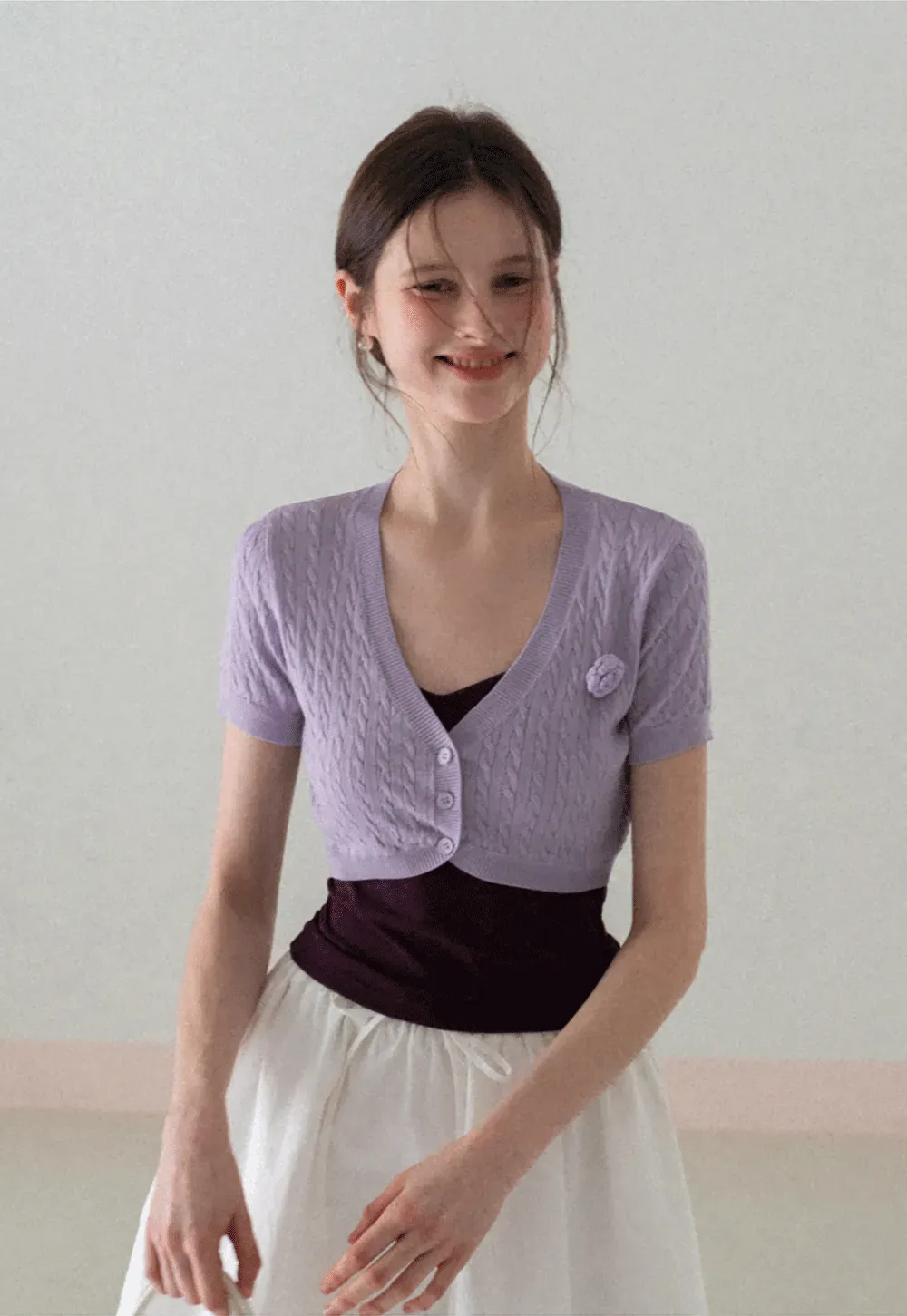 Short Sleeve Cable Knit Cardigan with Button Closure