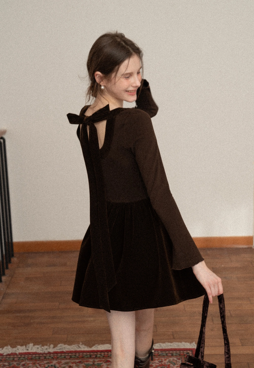 Chic Brown Velvet Mini Dress with Bell Sleeves