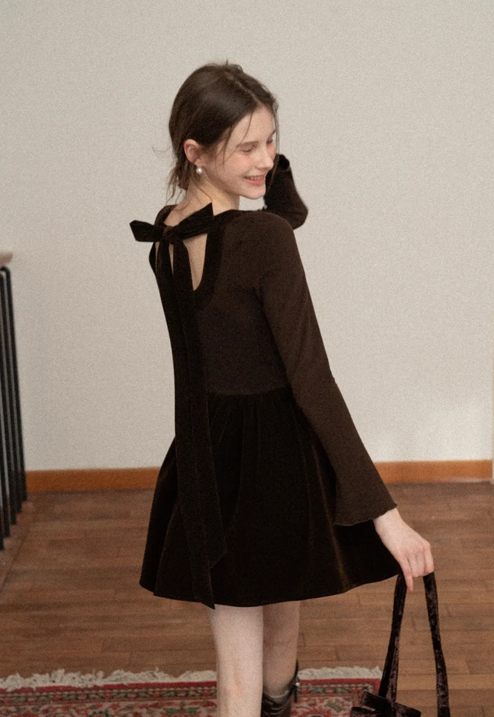 Chic Brown Velvet Mini Dress with Bell Sleeves