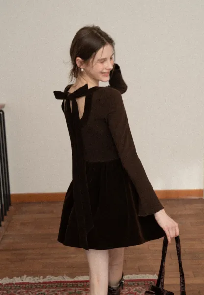 Chic Brown Velvet Mini Dress with Bell Sleeves