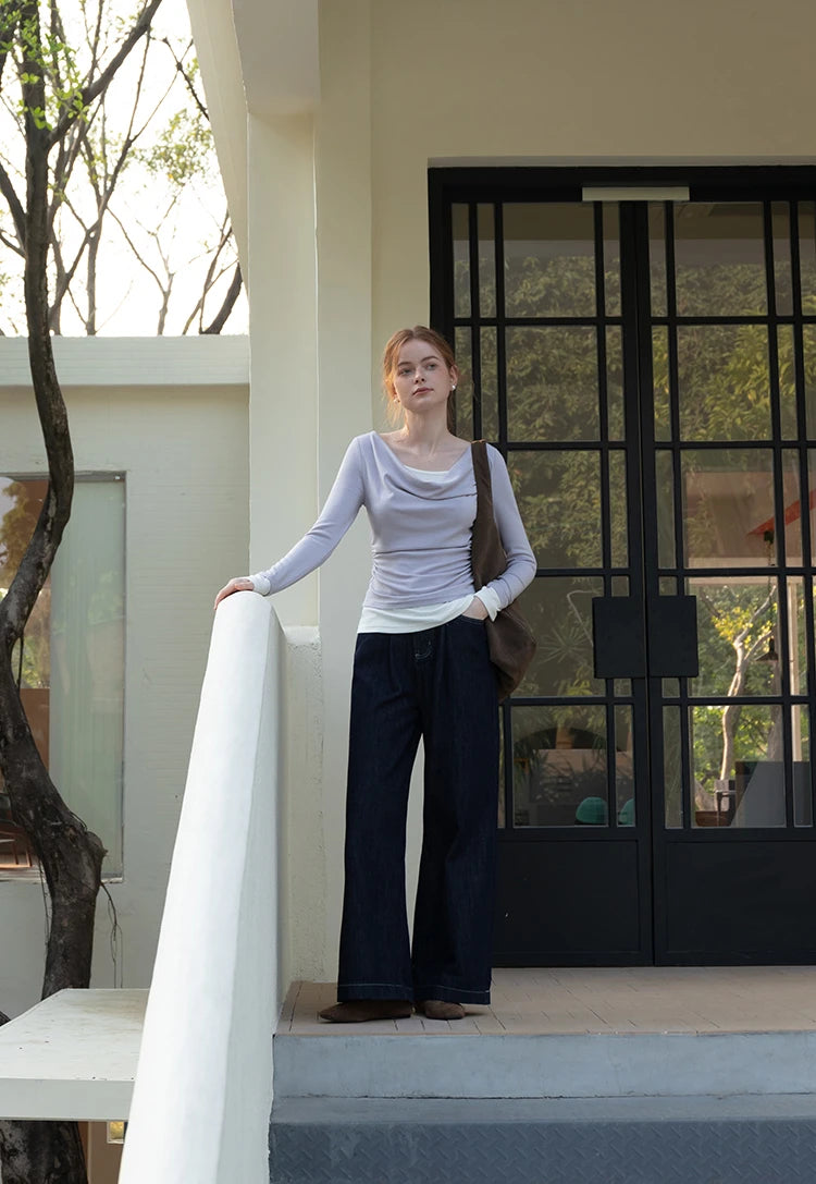 Women's Layered Drape-Neck Long Sleeve Top