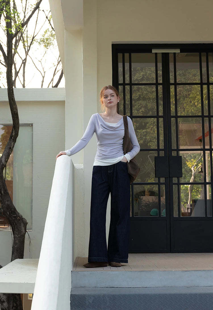 Women's Layered Drape-Neck Long Sleeve Top
