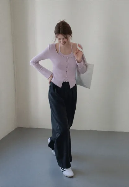 Women Long Sleeve Bow Front Split Hem Lettuce Trim Knit Top