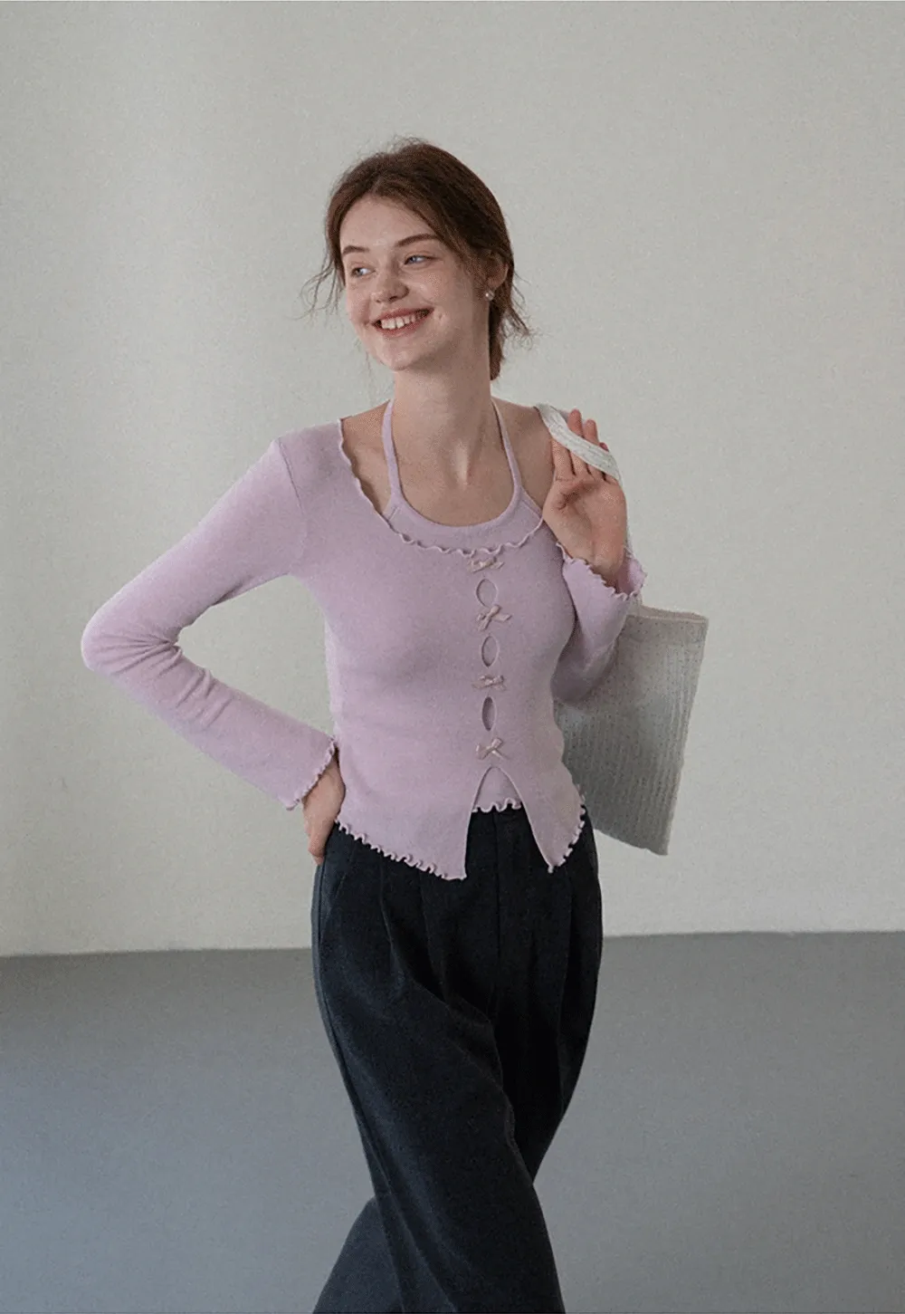 Women Long Sleeve Bow Front Split Hem Lettuce Trim Knit Top