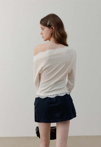 Women’s One Shoulder Long Sleeve Lace Trim T-Shirts