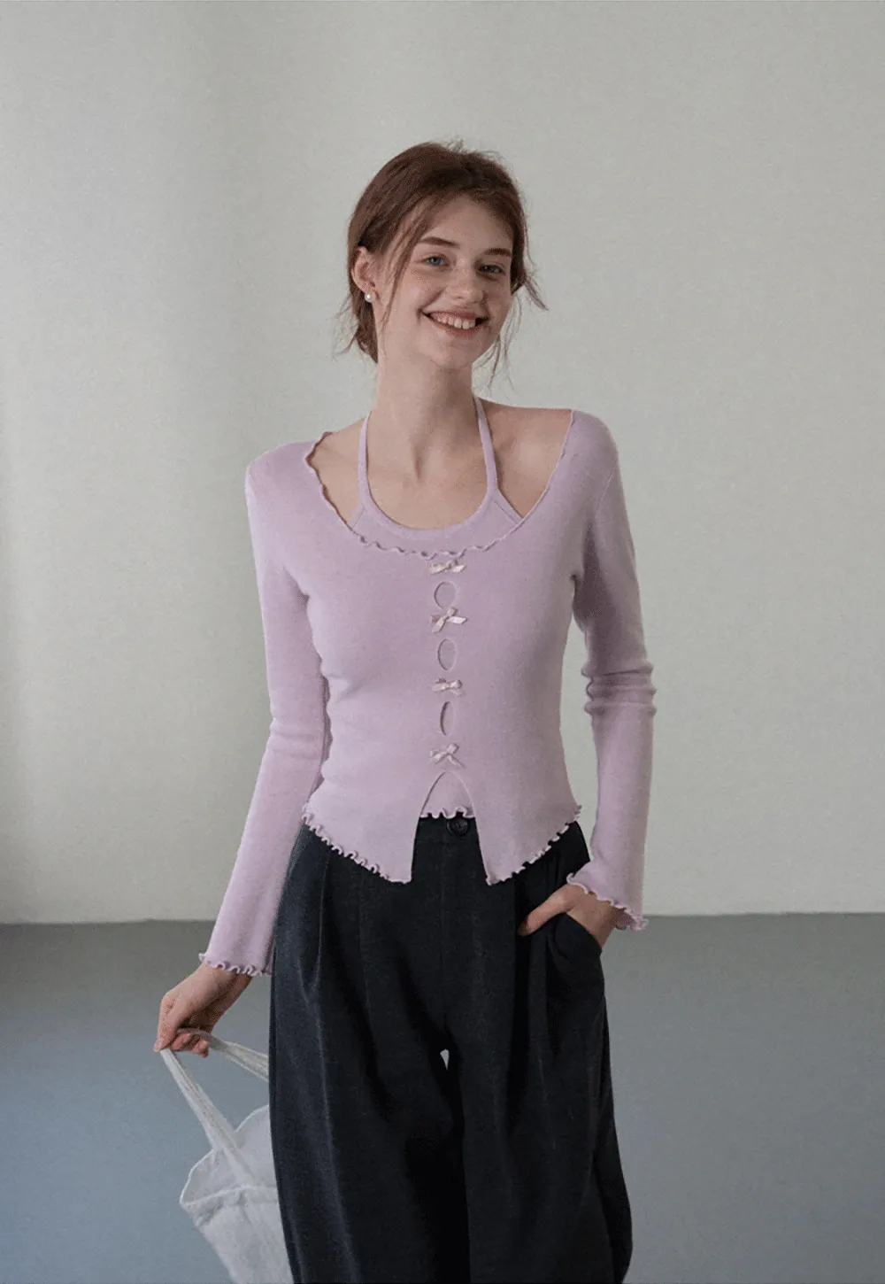 Women Long Sleeve Bow Front Split Hem Lettuce Trim Knit Top