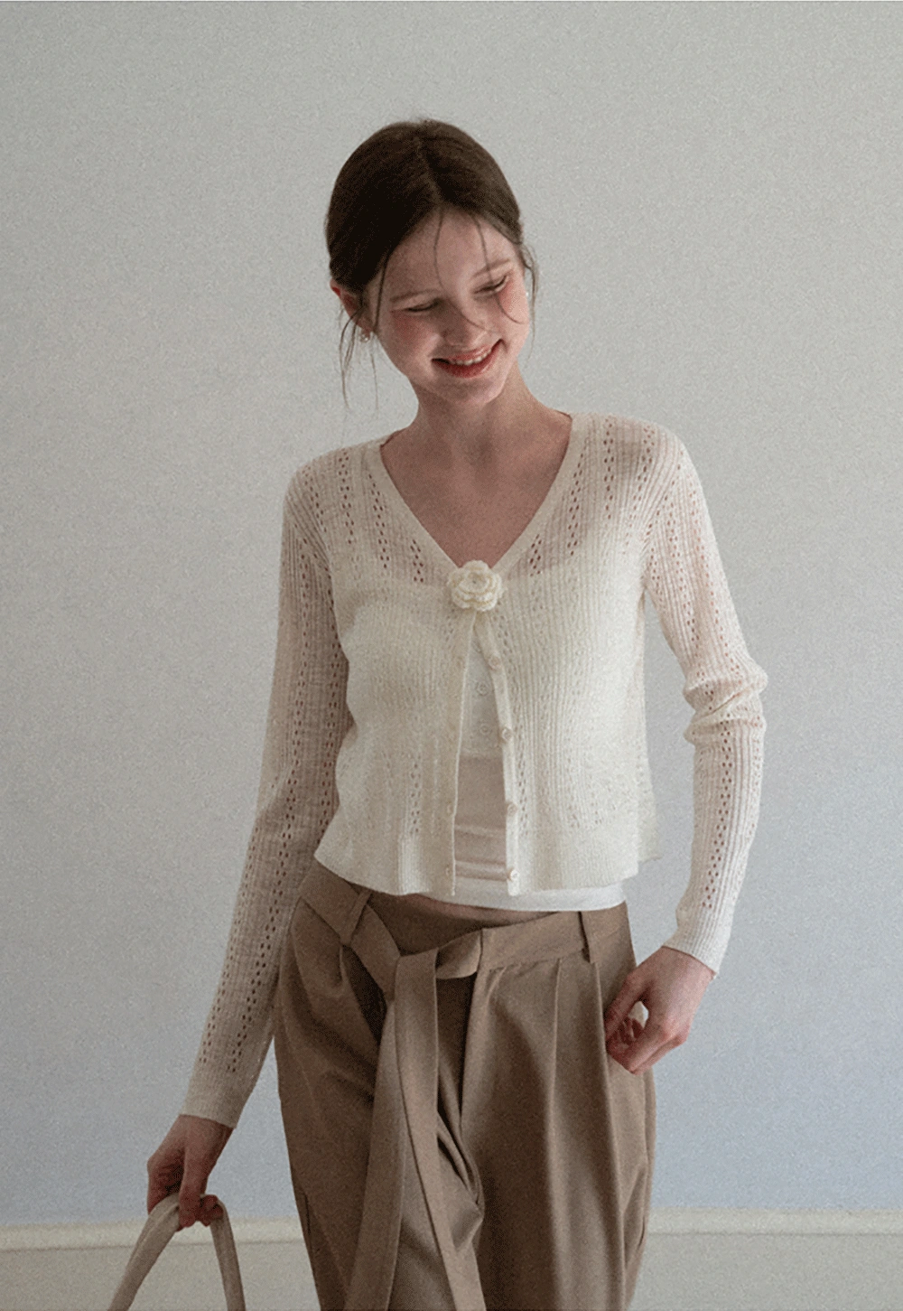 V Neck Cropped Knit Cardigan with Floral Button