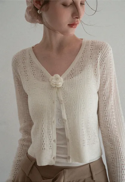 V Neck Cropped Knit Cardigan with Floral Button