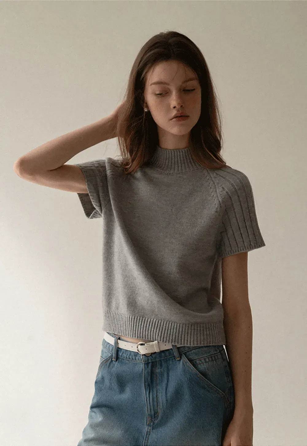 Olive Short Sleeve Mock Neck Knit Top