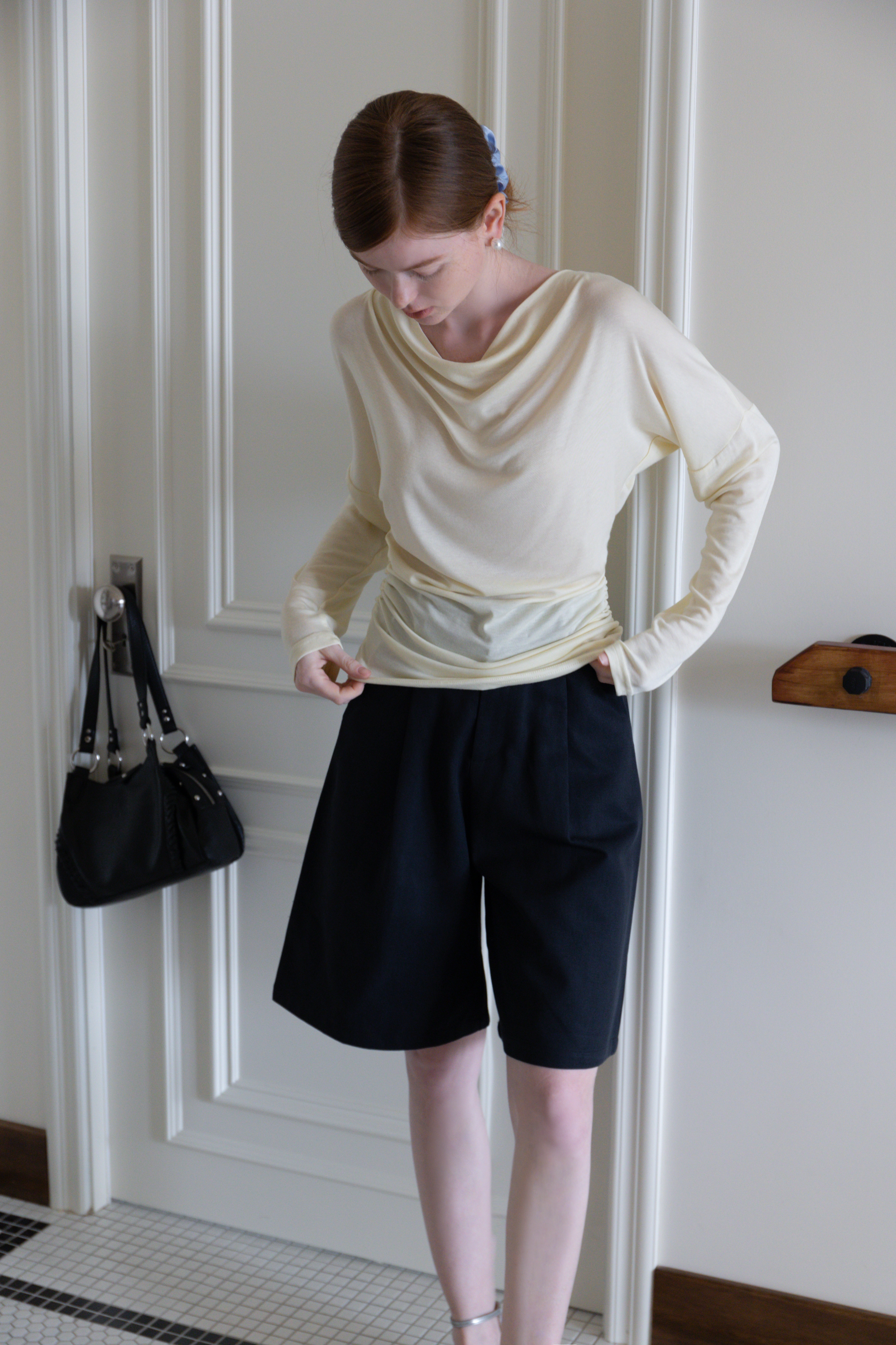 Women's Long Sleeve Open Back Top with Drawstring Tie