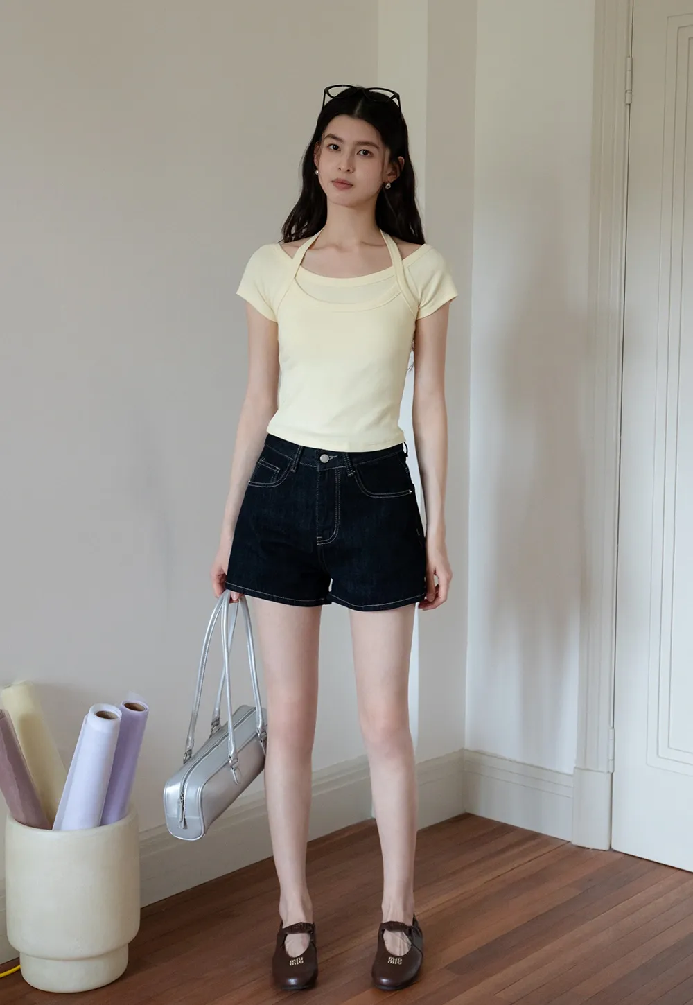 Women's Halter Neck Faux Two-Piece Top