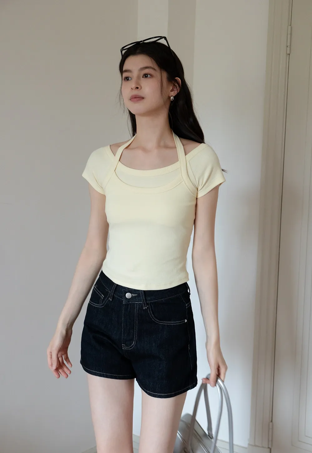Women's Halter Neck Faux Two-Piece Top