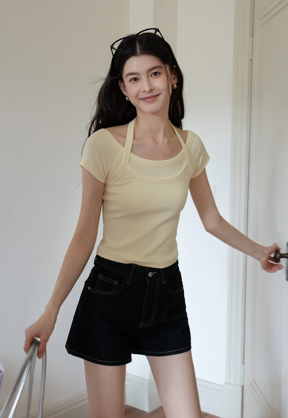 Women's Halter Neck Faux Two-Piece Top