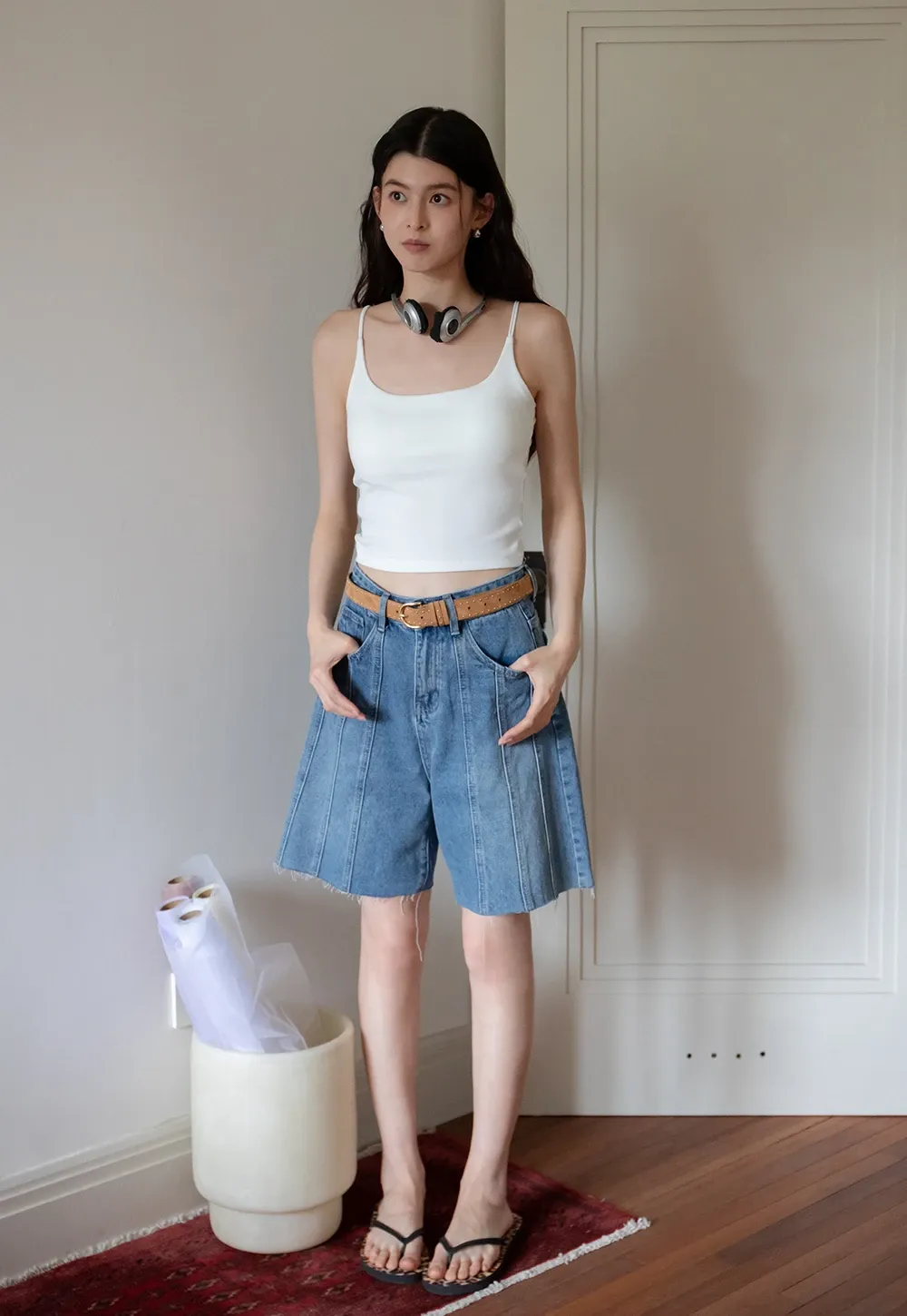 Women’s High-Waist Pintuck Bermuda Denim Shorts