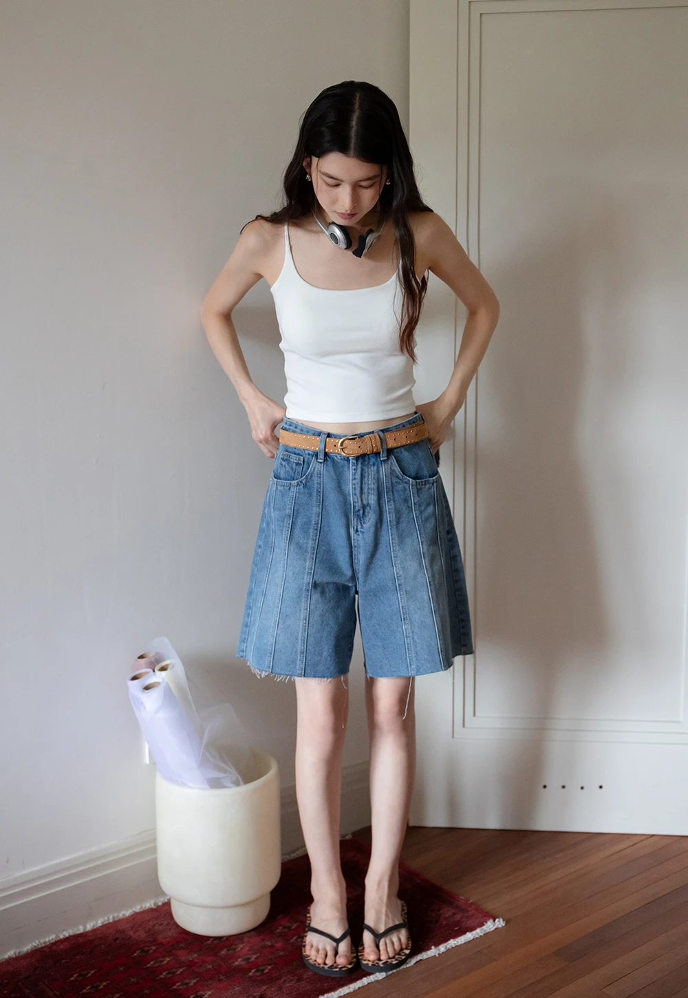 Women’s High-Waist Pintuck Bermuda Denim Shorts