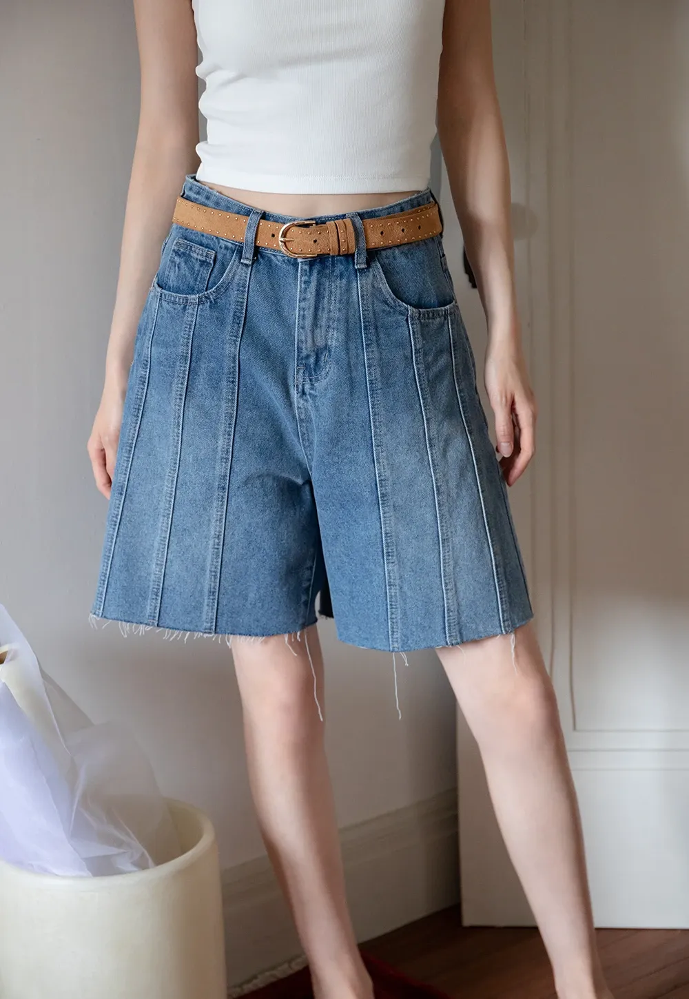 Women’s High-Waist Pintuck Bermuda Denim Shorts