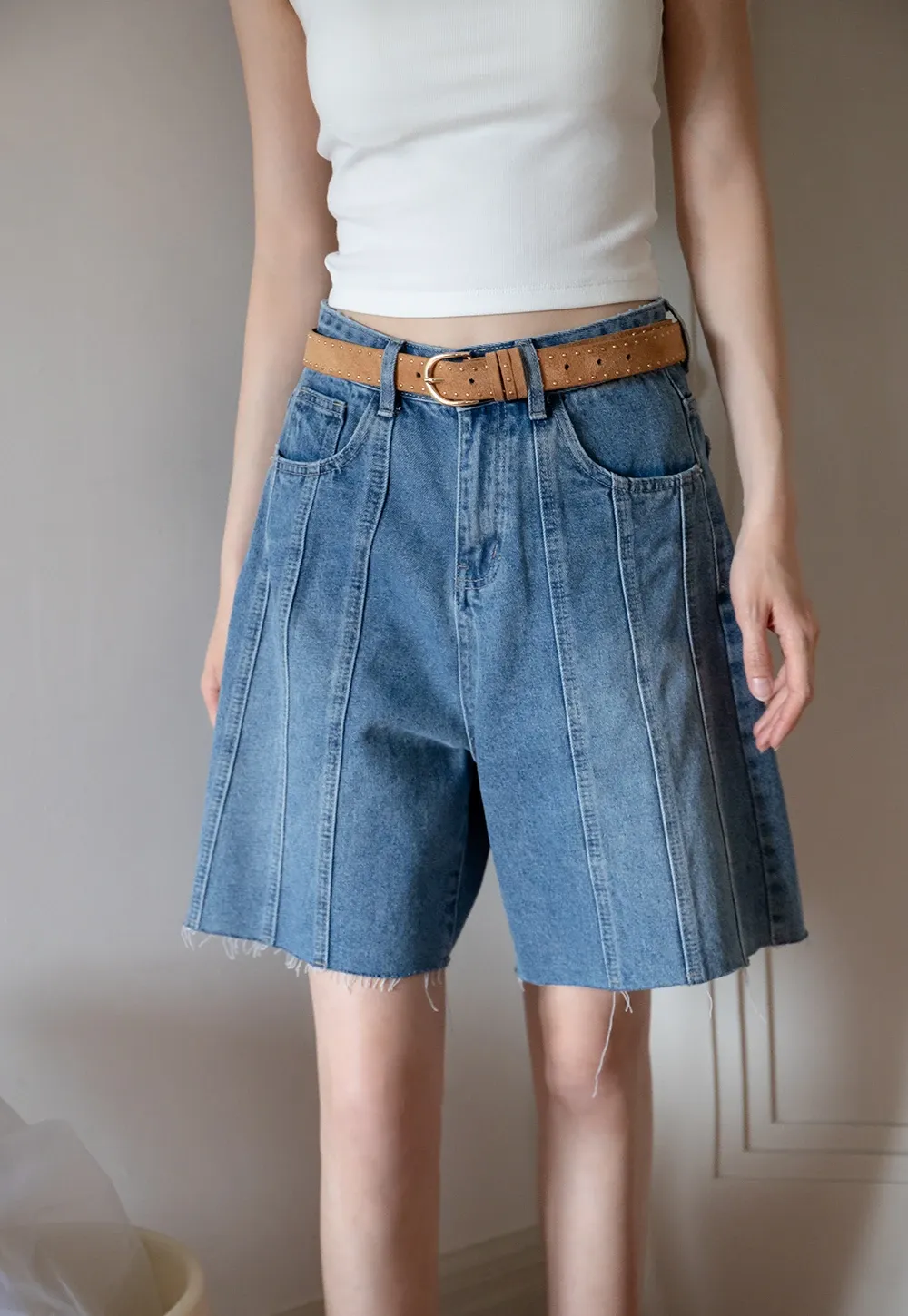 Women’s High-Waist Pintuck Bermuda Denim Shorts