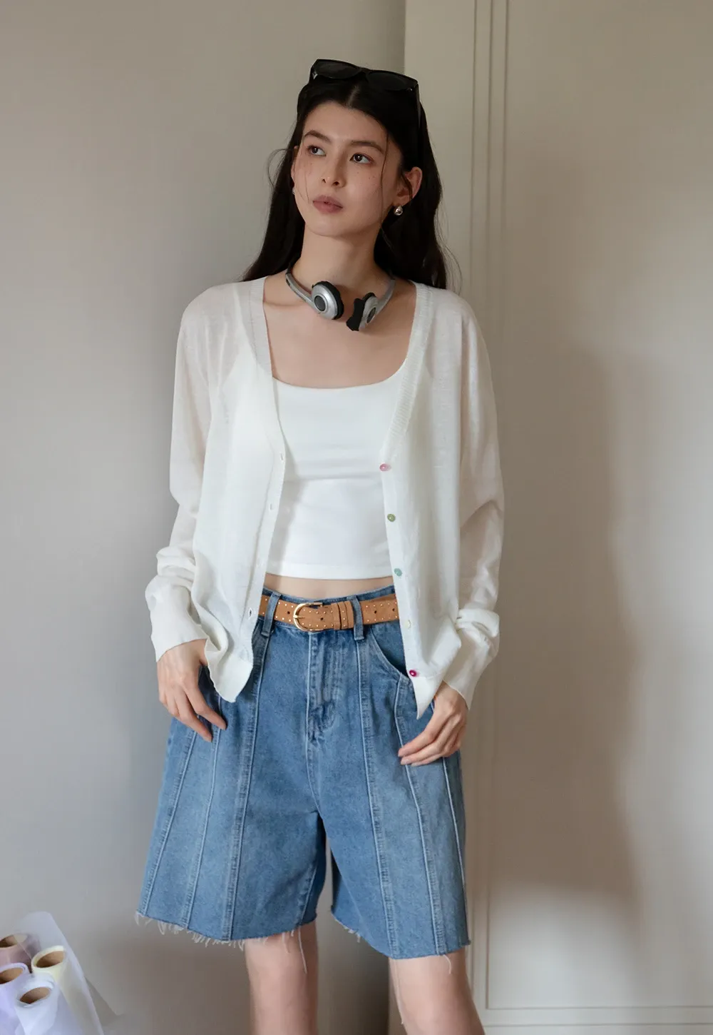 Women’s High-Waist Pintuck Bermuda Denim Shorts