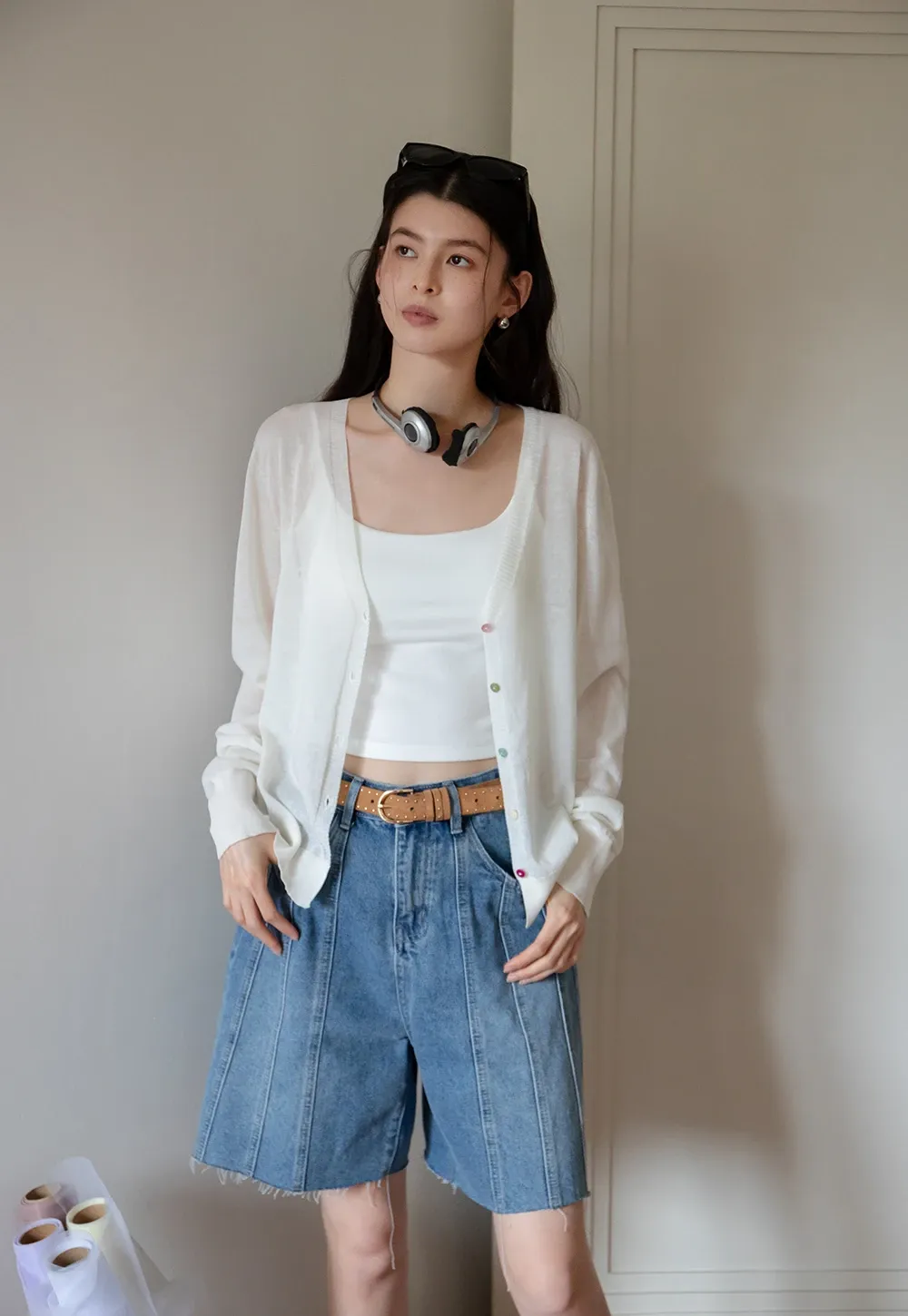 Women’s High-Waist Pintuck Bermuda Denim Shorts