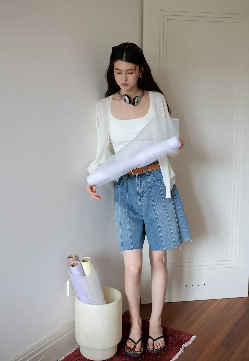 Women’s High-Waist Pintuck Bermuda Denim Shorts