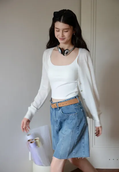 Women’s High-Waist Pintuck Bermuda Denim Shorts
