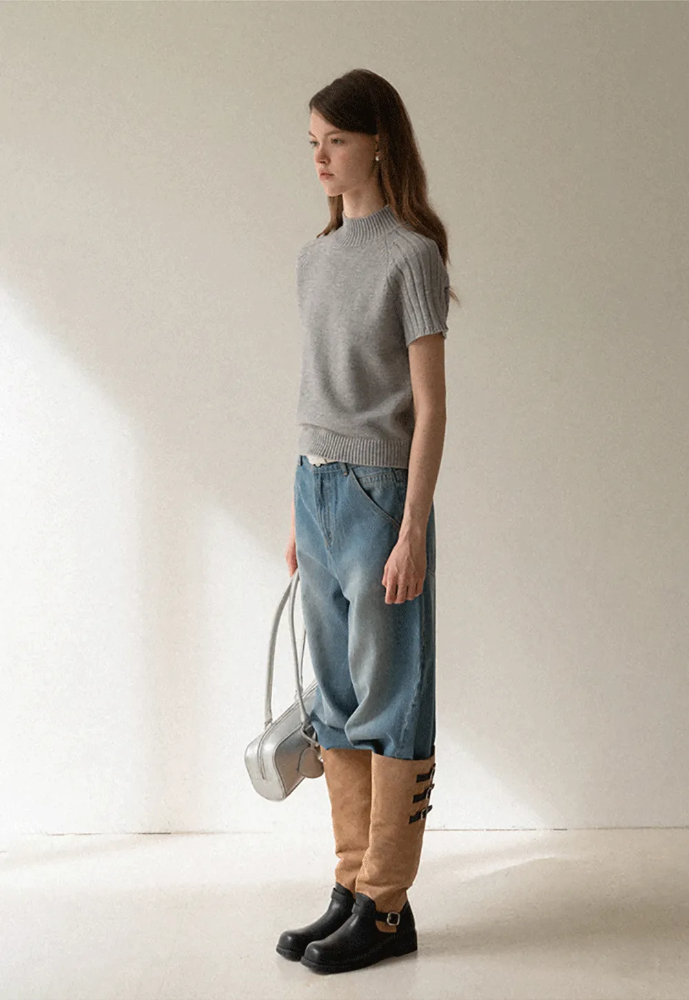 Olive Short Sleeve Mock Neck Knit Top