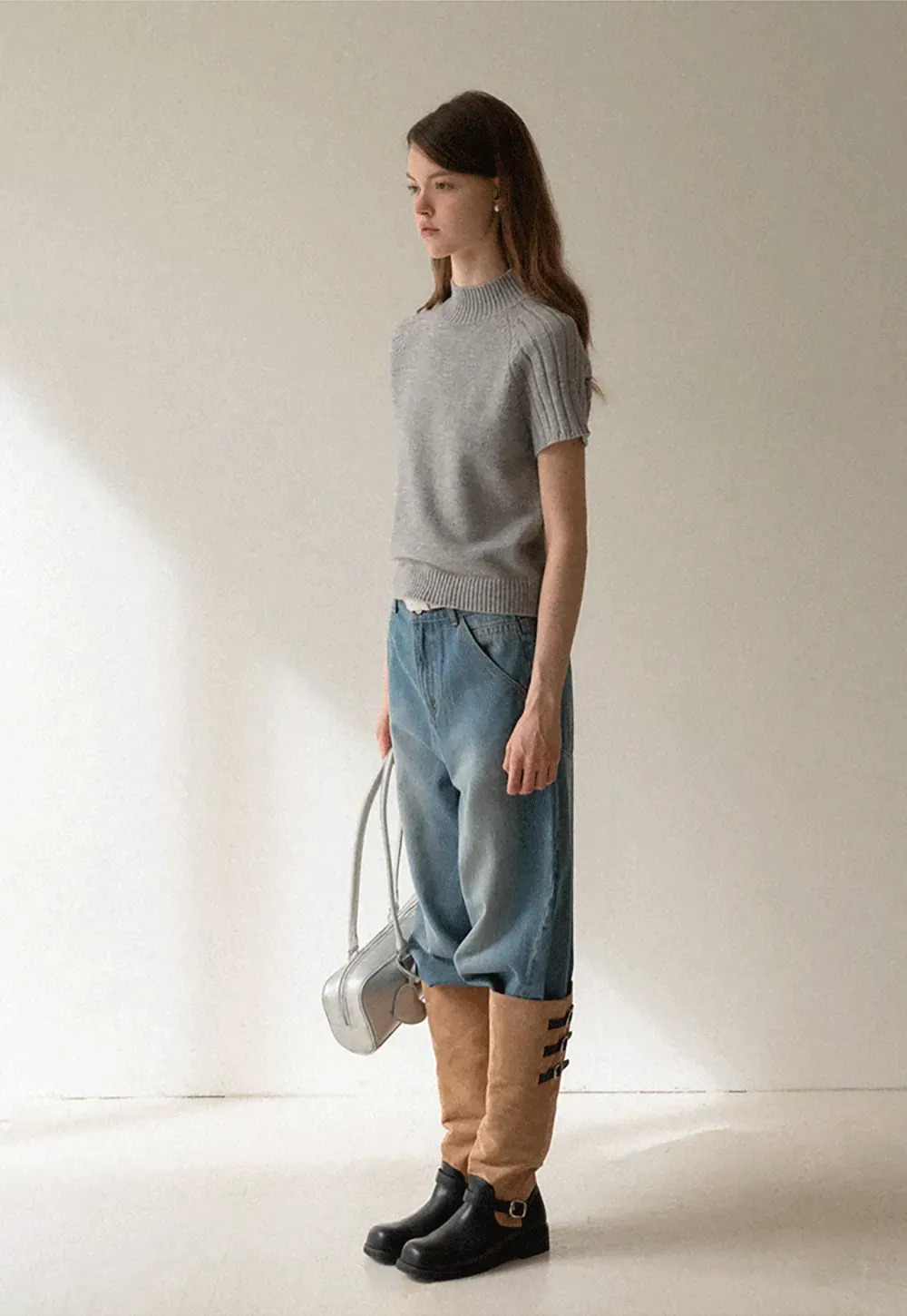 Olive Short Sleeve Mock Neck Knit Top