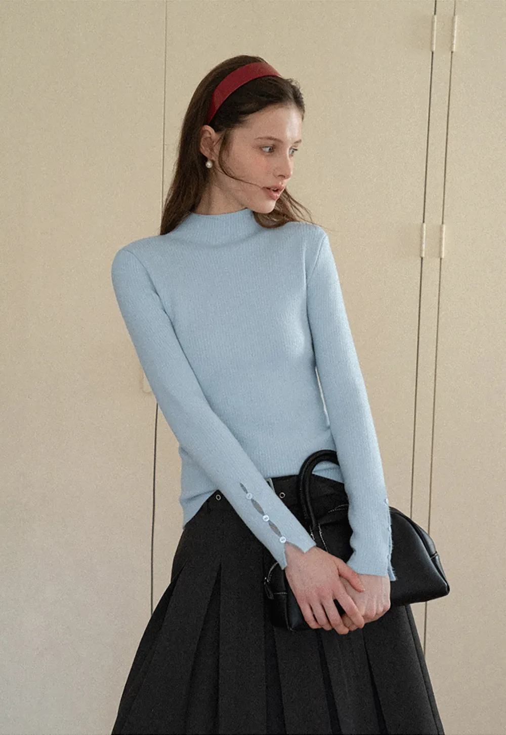 Elegant High Neck Knit Sweater with Button Detail Sleeve