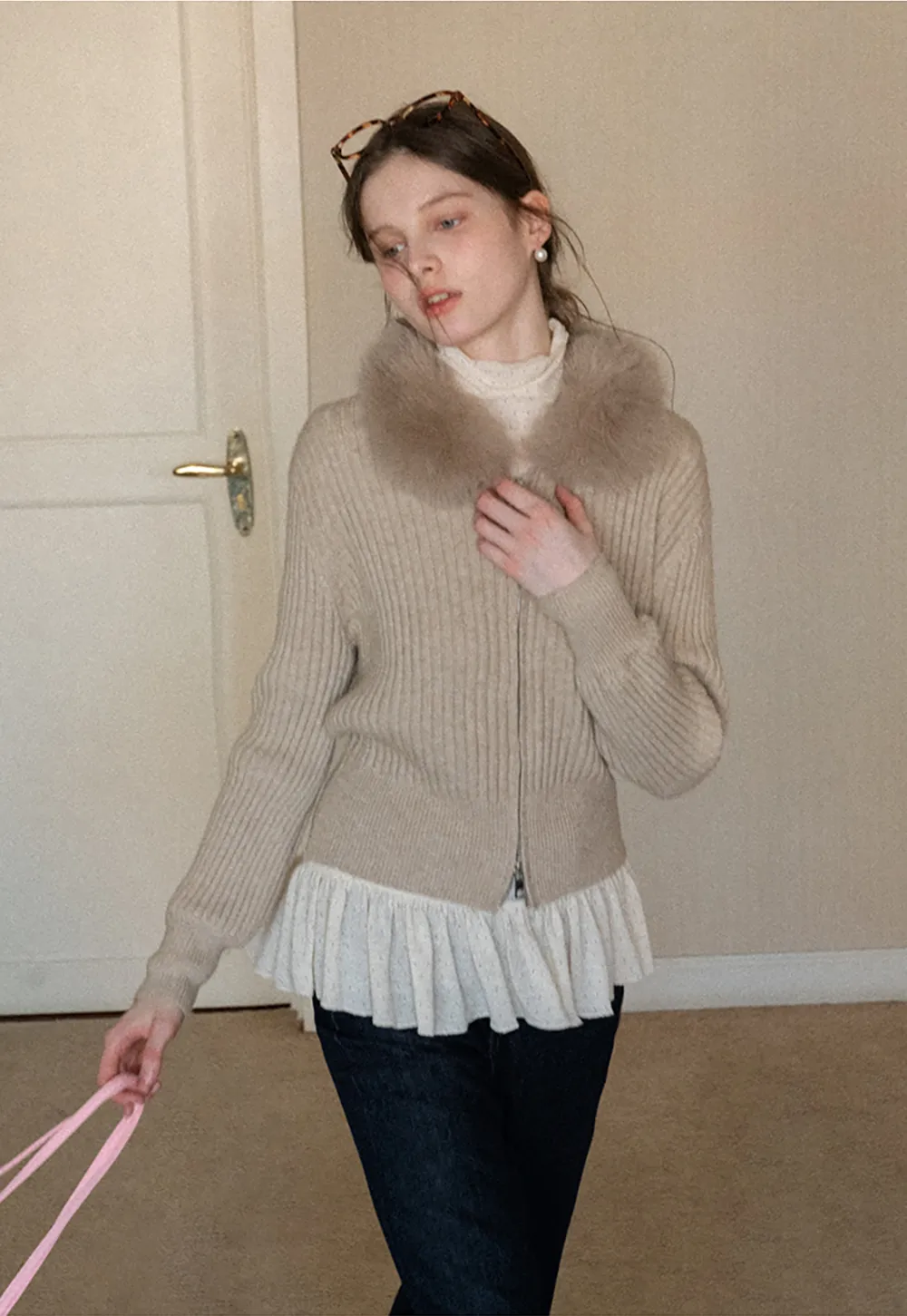 Ribbed knit sweater with fur collar detail